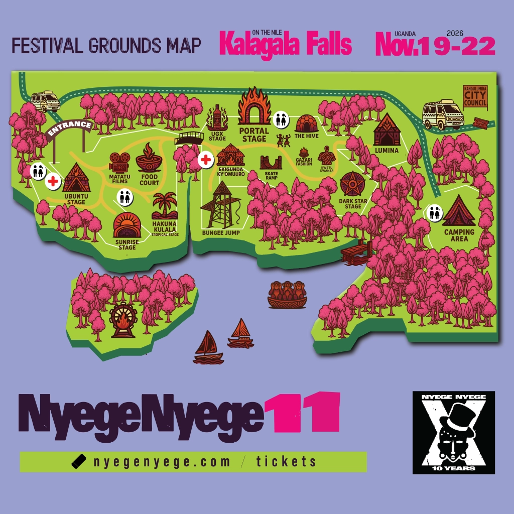 Official Nyege Nyege 2026 festival grounds map showing 7 stages, camping areas, food village, and facilities at Adrift Overland Camp