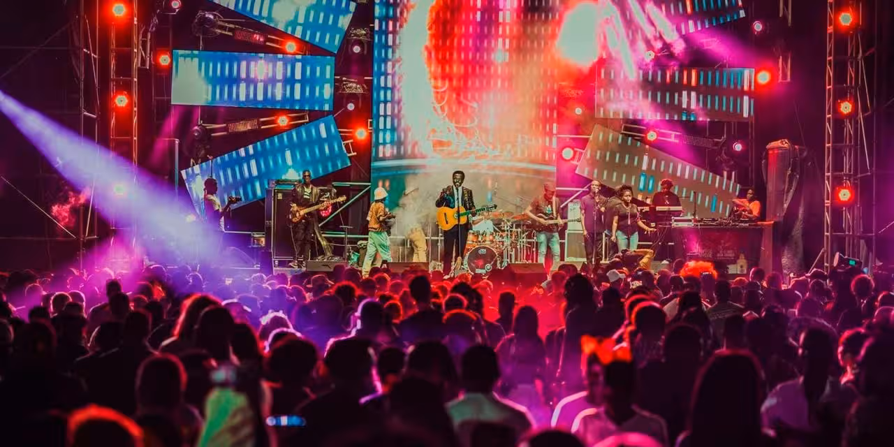 DJ performing on illuminated stage at Nyege Nyege Festival with laser lights and enthusiastic crowd
